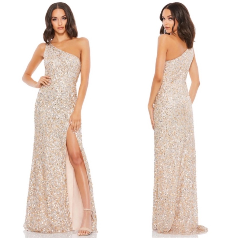 Mac Duggal Sequin One Shoulder Gown Embellishments Maxi Dress Nude Size 0